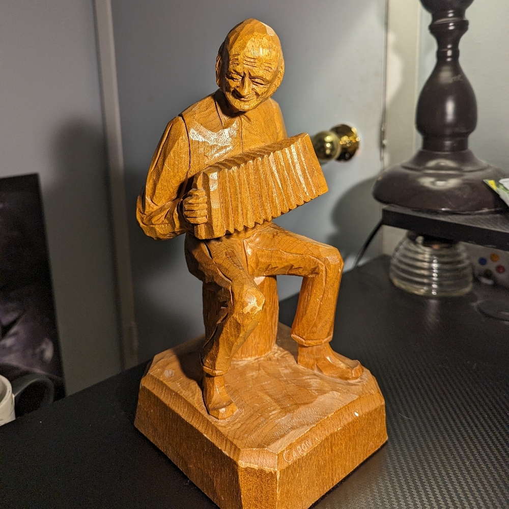 Vintage Quebec Folk Art Old Man Playing Accordion Caron Signed